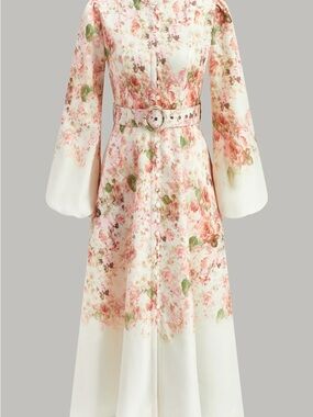 Commense Floral Belted Long-Sleeve Maxi Dress in Blush Pink and Green